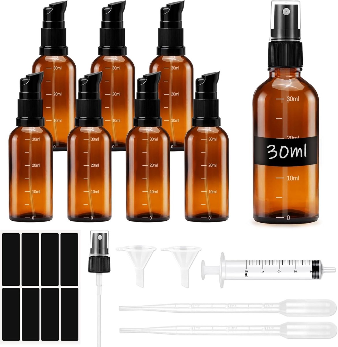 SnelShoppen - 8Pcs 30ml Lege Bruine Glazen Flessen - Herbruikbare Sprayflessen met Pomp en Syringe voor Aromatherapie, Reizen, Cosmetica, Koken, DIY