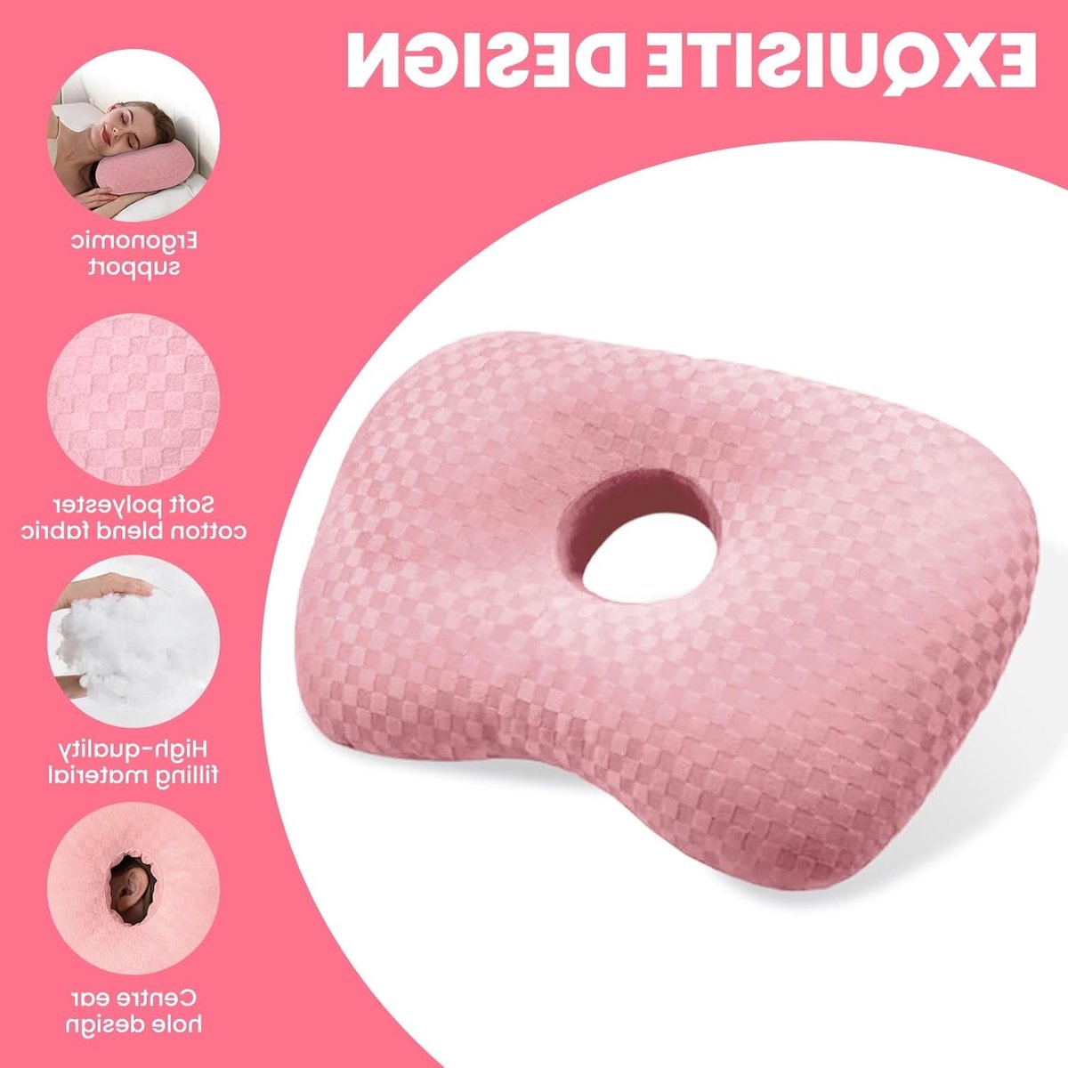Ergonomisch Slaapkussen met Gat voor Zijslapers, Verstelbaar Katoen en Polyester, Vermindert Oorpijn en Druk, Geschikt voor Gevoelige Oren (Roze)