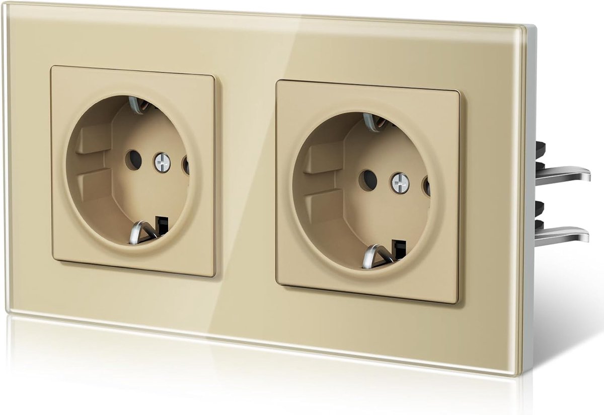 SnelShoppen - BSEED Glazen Stopcontact EU Standaard 16A 250V Inbouwstopcontact met Kinderslot en Klemmen - Goud - 2 Compartimenten - Eenvoudige Montag