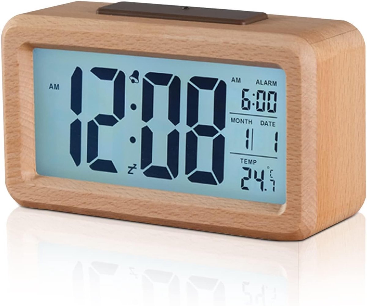 SnelShoppen - Digitale Houten Alarmklok met Temperatuurweergave, LED Display voor Thuis en Kantoor, Milieuvriendelijk en Duurzaam, Draadloze Tafelklok