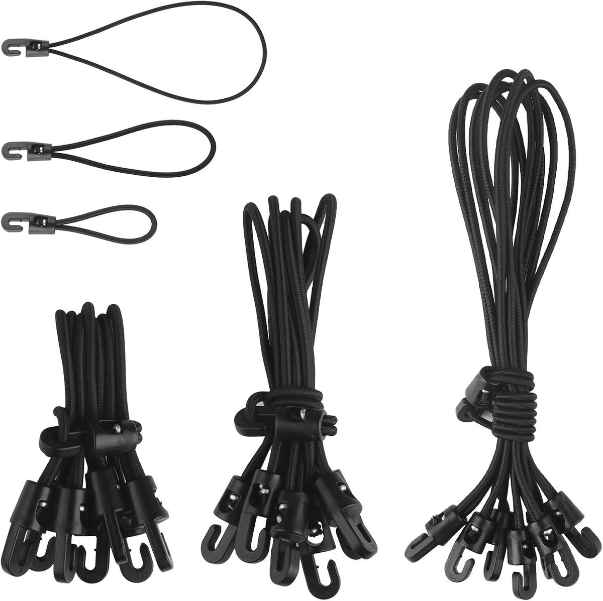 SnelShoppen - Bungee Cord Set met Haken, 24 Stuks (25cm/15cm/10cm) - Elastische Touwen voor Tent, Tarpaulin, Camping en Outdoor - Rubber Tensioner voo