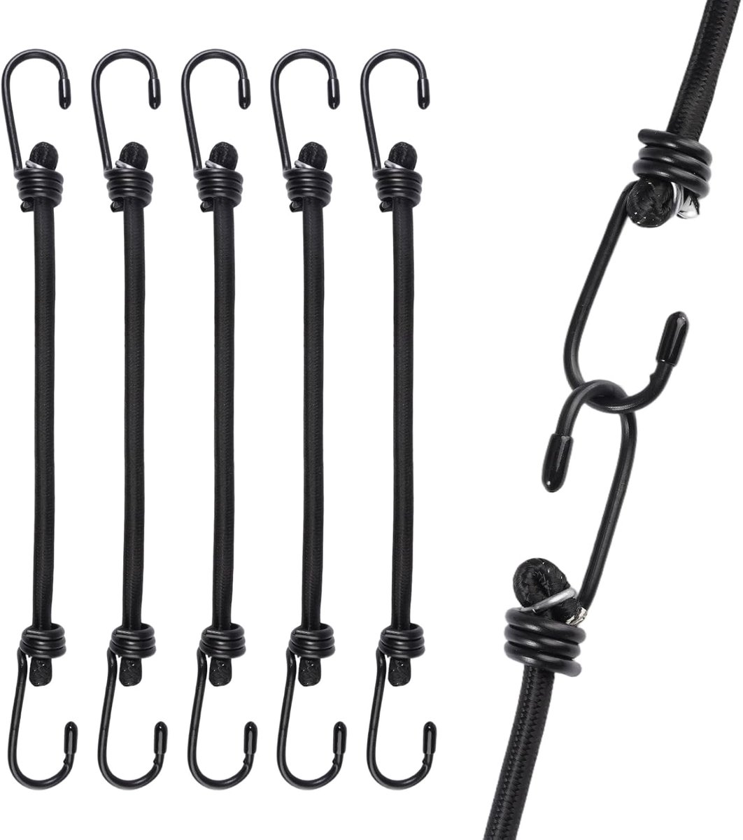 SnelShoppen - 5 Stuks Spanrubber met Haken, 30 cm Elastische Spanbanden, Zwart, Extra Sterke Multifunctionele Rubberen Expander voor Koffer, Fiets, Mo