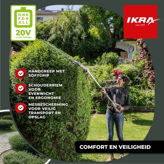 IKRA 2-in-1 accu-heggenschaar ICPH 2050 met telescoopsteel, schouderriem, 2x 20 V accus en snellader van IKRA — afbeelding 3
