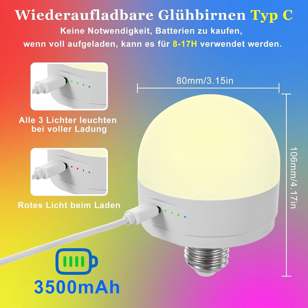SnelShoppen - Oplaadbare LED Lamp E27 met Afstandsbediening en APP Bediening, Dimbare CCT+RGB, 5W USB Acculamp met Magneet, 3500mAh, Buitengebruik en