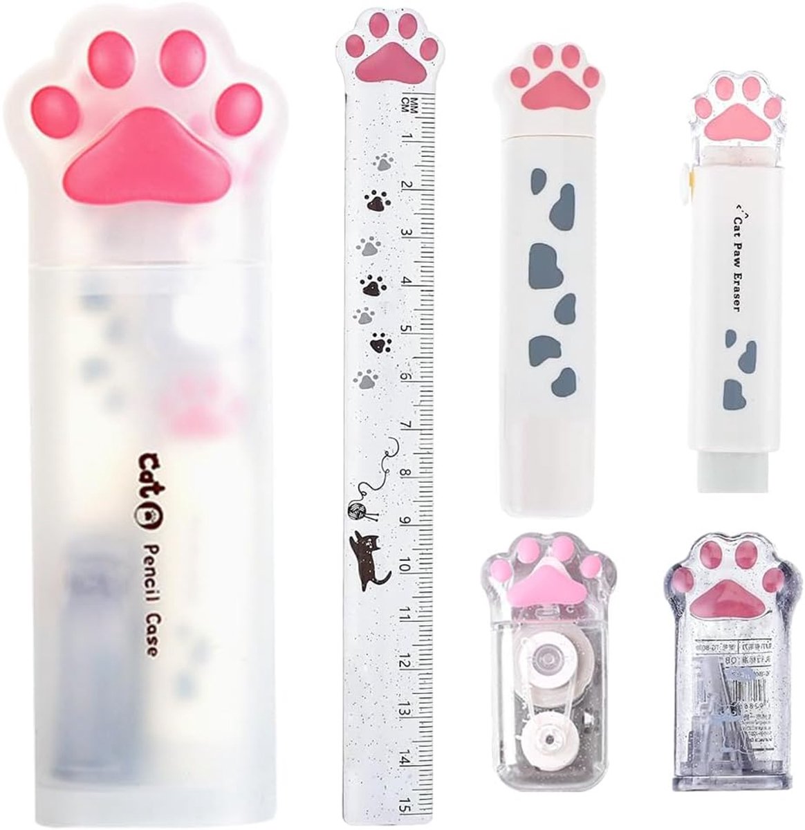 SnelShoppen - Schattige Kat Stationery Set met Potloodetui, Liniaal, Correctietape, Puntlijm, Gum, Puntenslijper - Duurzaam Plastic - Perfect voor Sch
