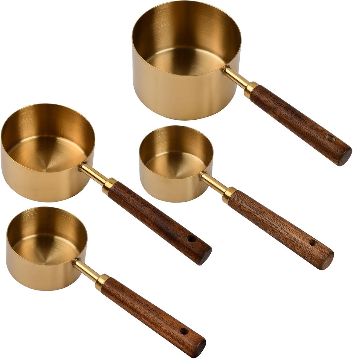 SnelShoppen - 4-delige Maatlepels Set Koper met Houten Handvat, 60ml, 80ml, 125ml, 250ml, Voor Koken, Bakken, Dranken, Goudkleurig