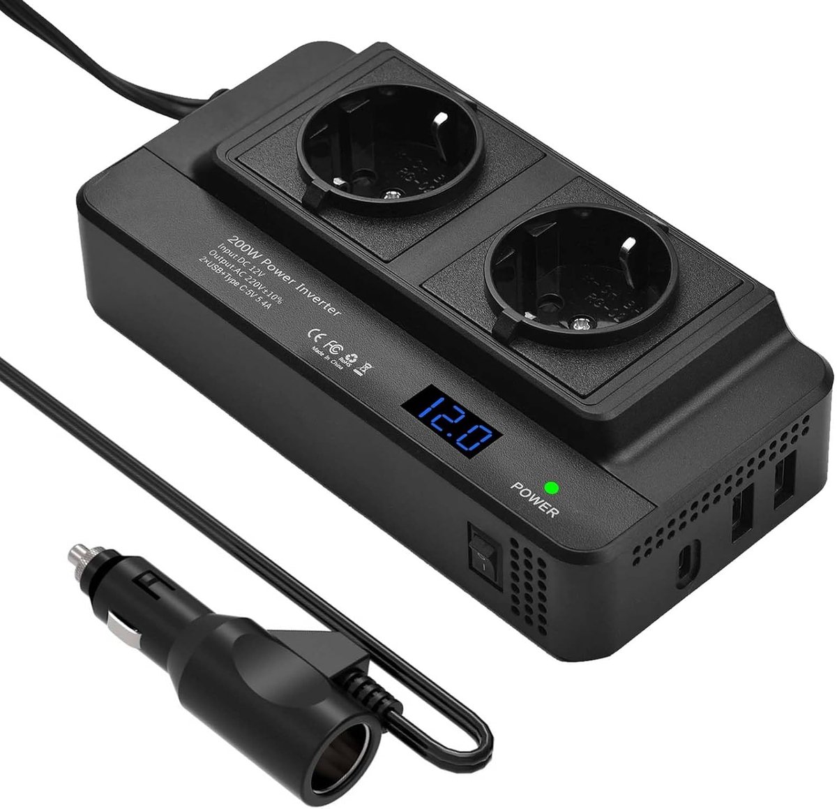 SnelShoppen - 200 W Car Voltage Converter 12 V naar 230 V Inverter met 2 Oplaadpunten en 2 USB-poorten, Adapter voor Sigarettenaansteker voor Zakenrei