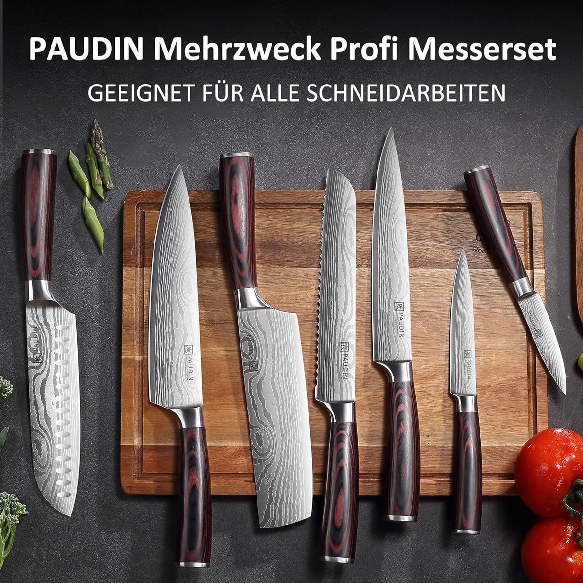 SnelShoppen - 7-delige Keukenmes Set van Hoogwaardige RVS Professionele Koksmes met Ergonomisch Houten Handvat, Inclusief Broodmes, Vleesmes, Hakmes e