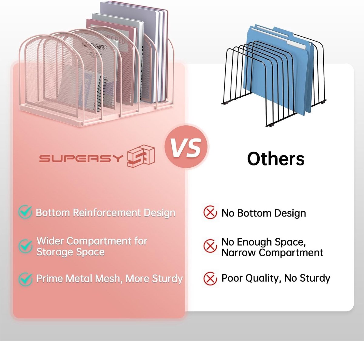 SnelShoppen - File Organizer 5-delige Mesh Desk Organizer, Verticale Bestandenhouder, Desk Organizer, Mappenhouder voor Kantoorbenodigdheden, Roze