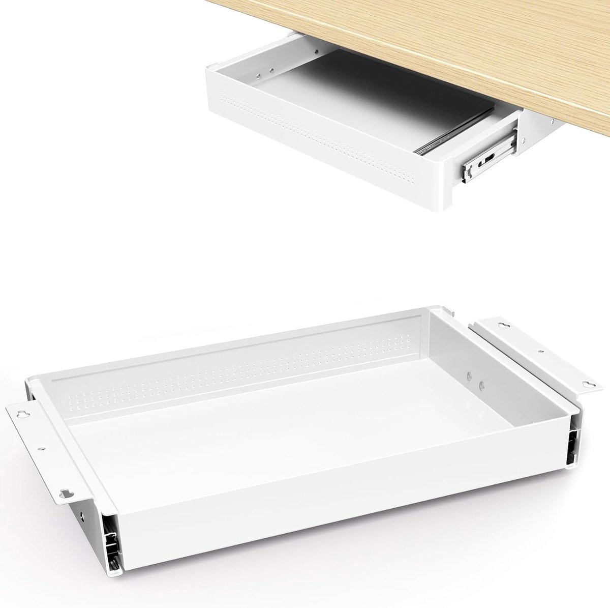 SnelShoppen - Desk Organizer 40cm Breed met Uittrekbare Lade voor Thuiswerkplek en Kantoor, Maximaal 8kg, Stille Glijmechanisme, Wit