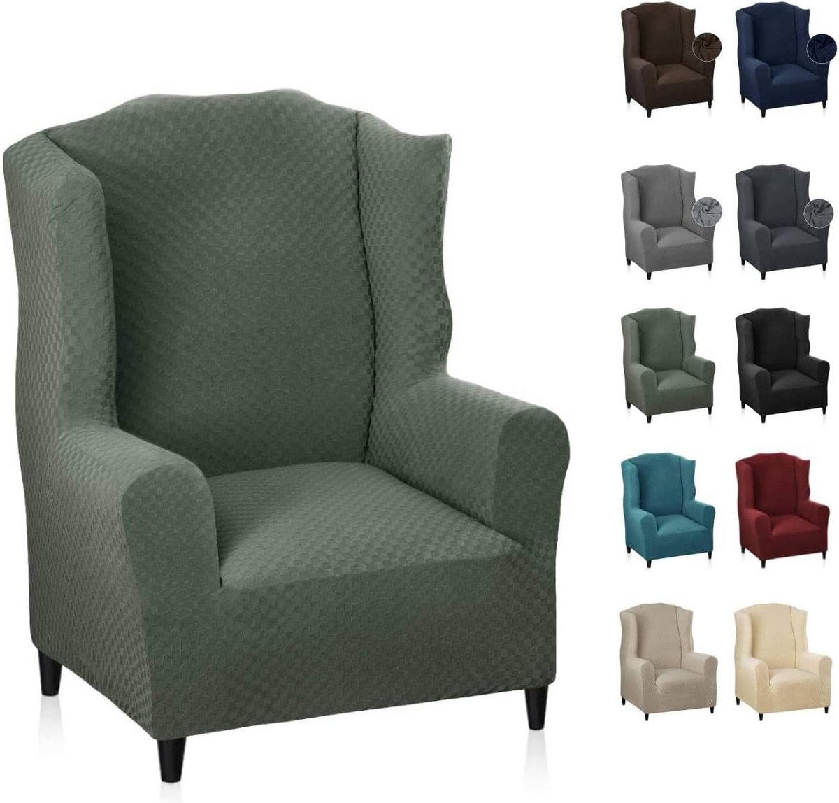 SnelShoppen - Jacquard Wingback Stoelhoes 1 Stuk - Stretch Wing Chair Covers - Zacht en Dik - Anti-Slip Hoofdstel Beschermhoes - Army Green - Voor Woo