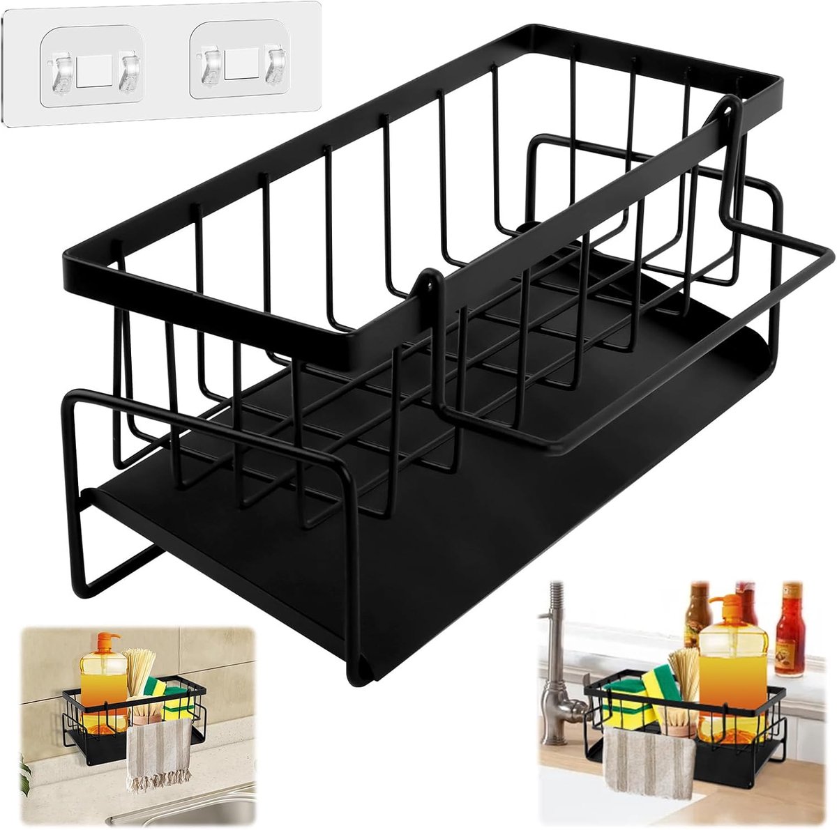 SnelShoppen - Kitchen Organizer, Sponge Holder voor Keuken Sink, Zelf-Leeglopende Shelf met Haken, RVS, Waterdicht, Roestvrij, Corrosiebestendig, Keuk