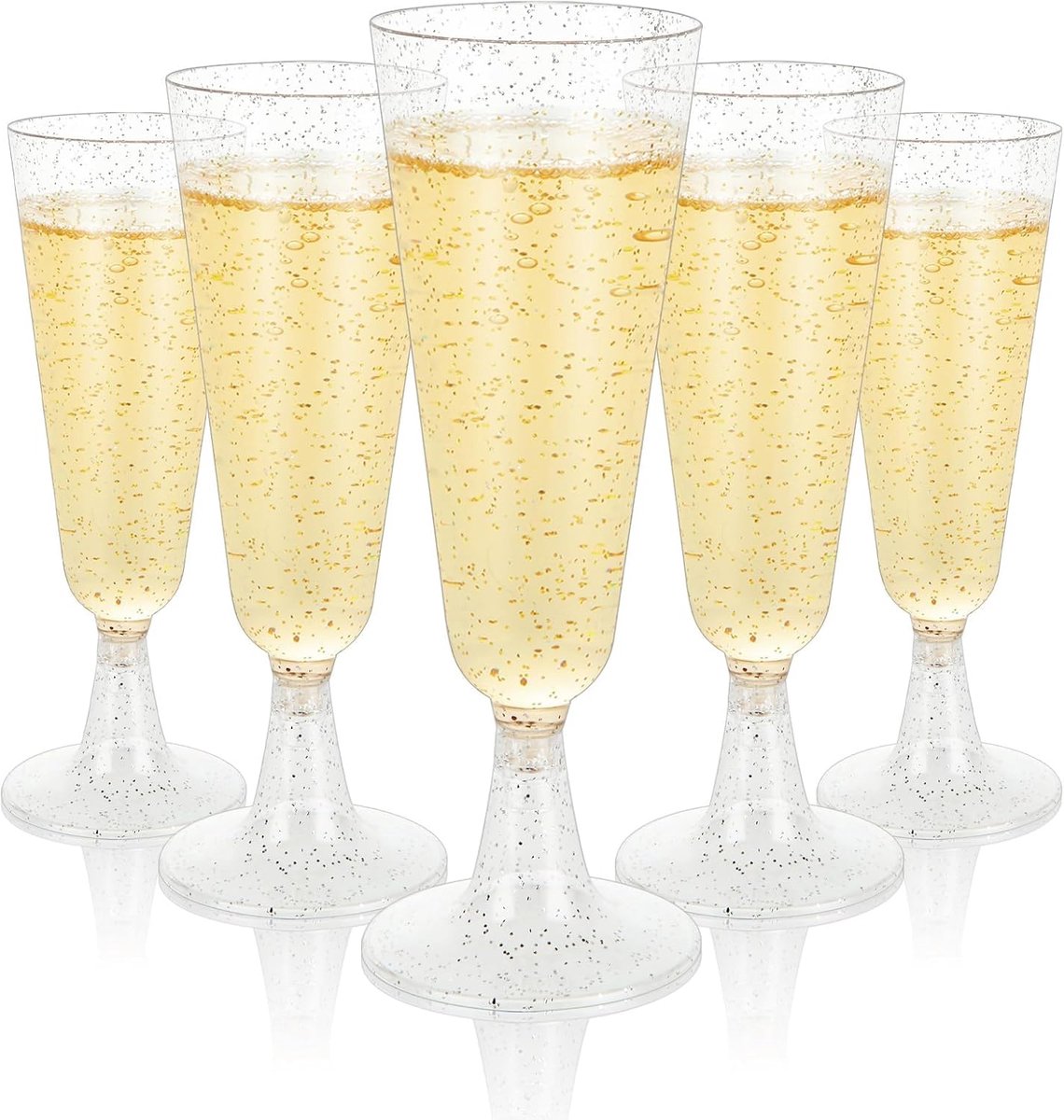 SnelShoppen - 100 Stuks Plastic Champagneglazen 160ml Herbruikbare Flûtes met Zilver Glitter voor Bruiloft Feest Kerst Oud en Nieuw