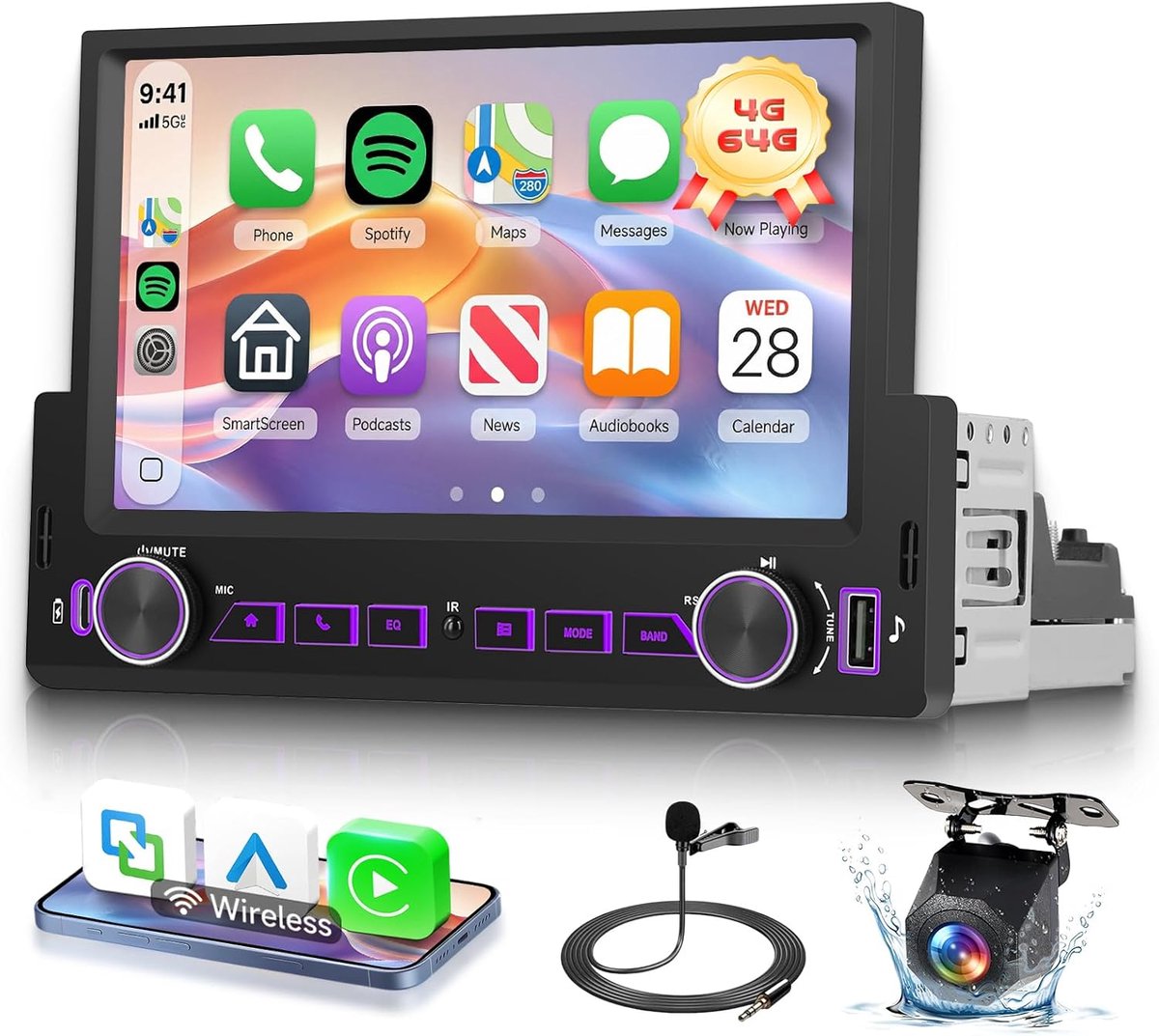 SnelShoppen - 1 Din Android Auto Car Radio 7 Inch met 4G, 64GB, Draadloze Carplay, Bluetooth, GPS Navigatie, FM/RDS, 2 USB Type C
