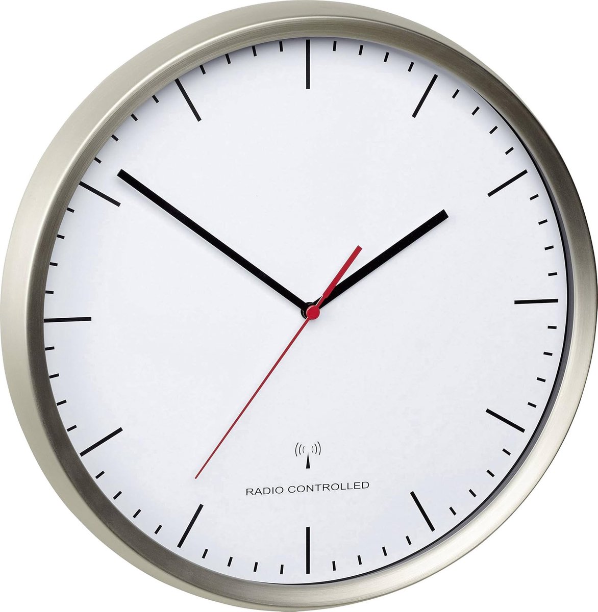 SnelShoppen - Moderne Keukenklok, Radiogestuurd, Hoge Precisie, Stille Sweep Beweging, RVS Frame, Ø 30,5 cm, Zilver/Wit, Voor Keuken en Woonkamer