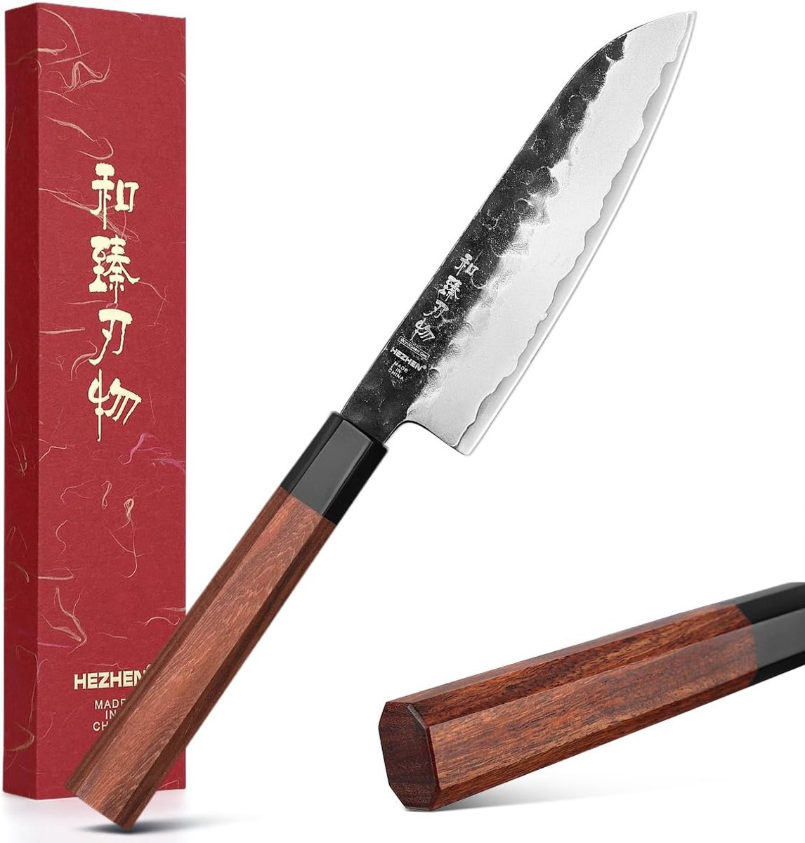 SnelShoppen - HEZHEN Santoku Mes - Ultra Scherp Japanse Gyuto Keukenmes - Klein Kookmes met Rode Houten Octagonale Handgreep - 10Cr15CoMoV Staal - Ide