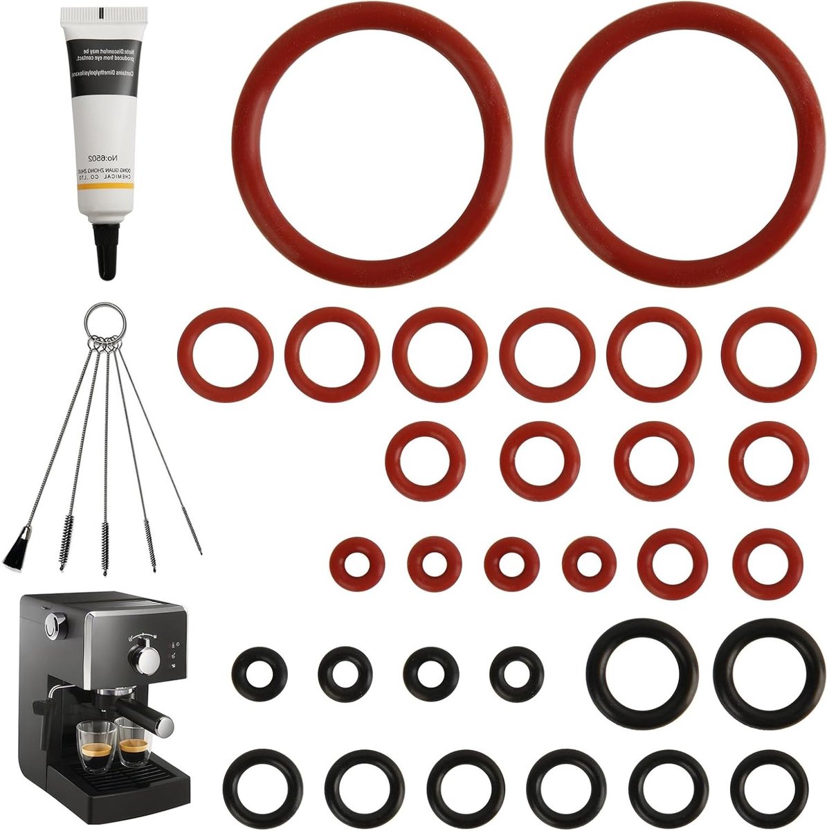 30 Stuks Afdichtingsset met O-ringen en Onderhoudsproducten voor Koffiemachines, Inclusief Siliconenvet en Reinigingsborstels