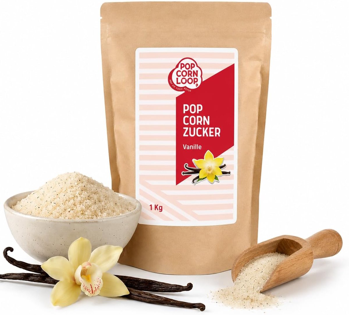 SnelShoppen - Vanille Suiker 1 Kilo - Premium Popcorn Suiker met 3% Bourbon Vanille - Perfect voor Feestjes, Koken en Bakken - Ideaal voor Cinema Popc