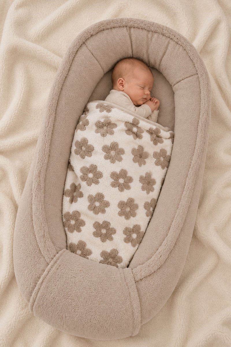 Handgemaakte babynestje van teddystof taupekleur incl dekentje