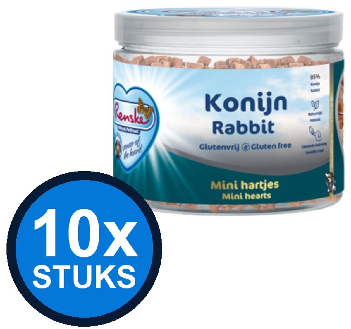10x Renske - Gezonde beloning mini hartjes hond konijn 100gr - Hondenvoer Snacks - 100 g