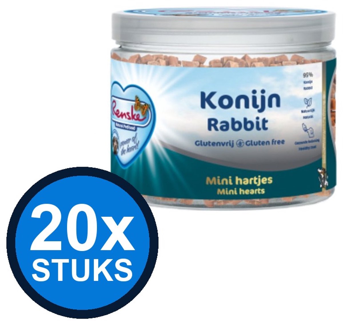 20x Renske - Gezonde beloning mini hartjes hond konijn 100gr - Hondenvoer Snacks - 100 g