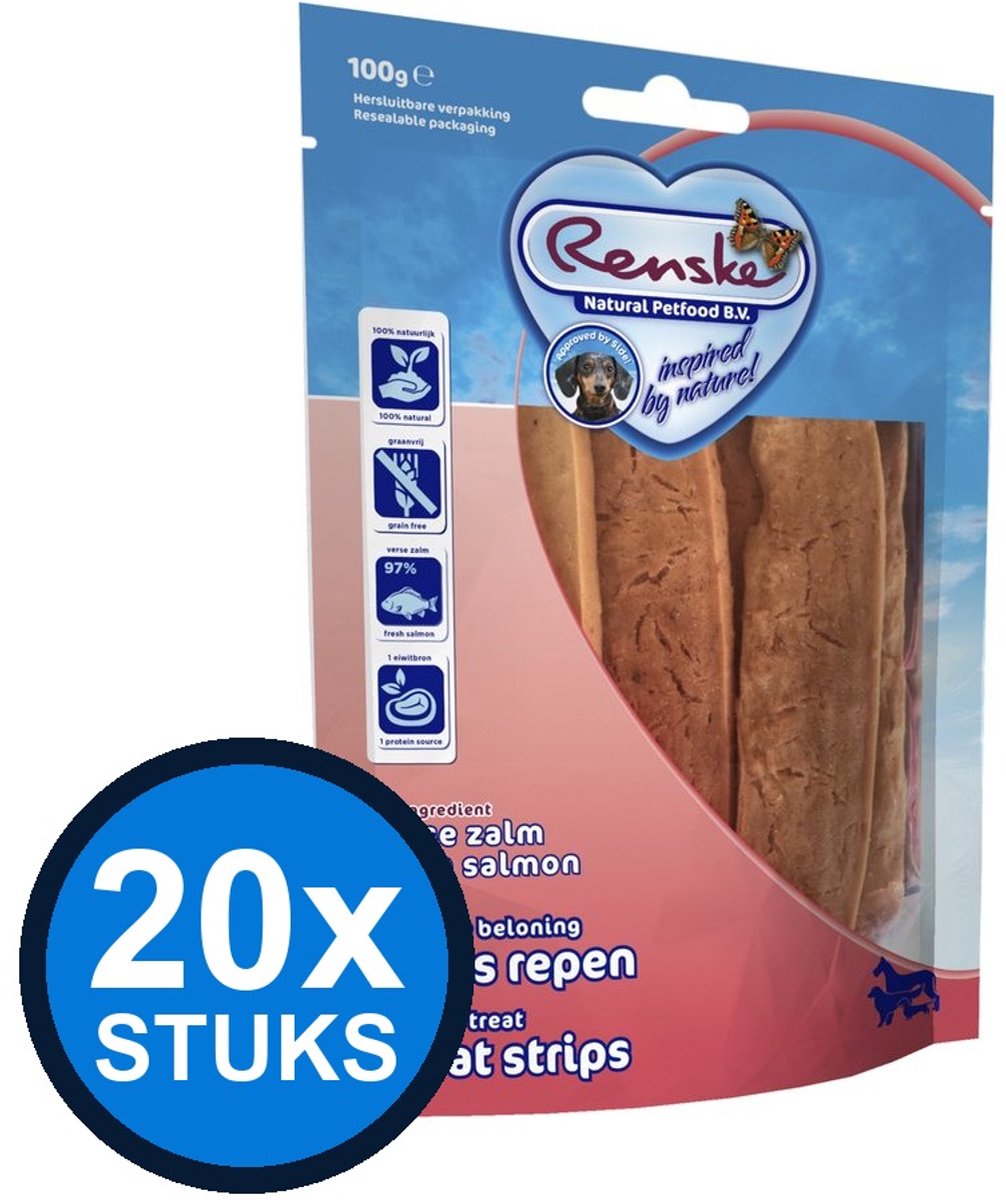 20x Renske - Gezonde beloning vleesrepen hond zalm 100gr - Hondenvoer Snacks - 100 g