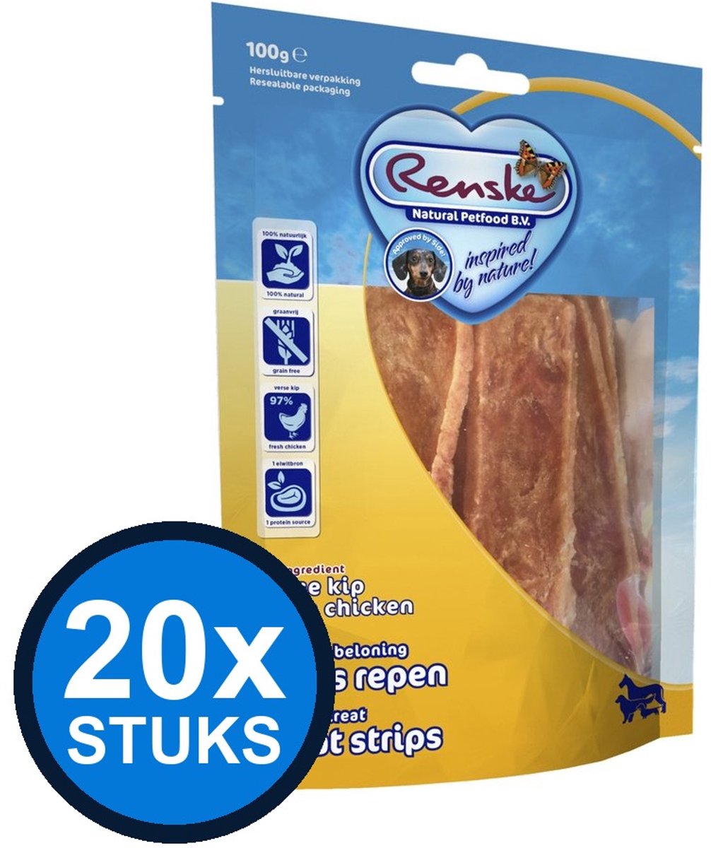 20x Renske - Gezonde beloning vleesrepen hond kip 100gr - Hondenvoer Snacks - 100 g