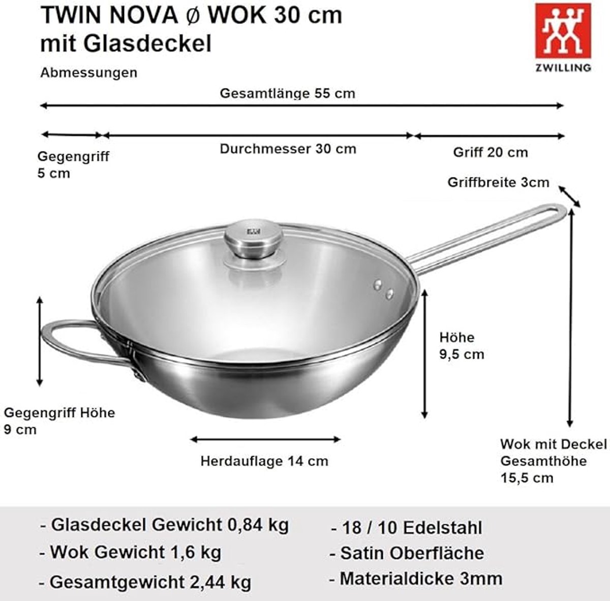 Zwilling pan met mes - Zwilling mes - Zwilling Wokpan 30 cm met Glazen Deksel en Chinees Koksmes 18 cm - 3-delige Wokset - Ongecoat - Geschikt voor Inductie en Alle Warmtebronnen - Zilver