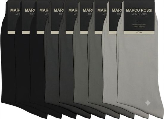 Marco Rossi herensokken, 9 paar in grijsmix. 100% katoen. Maat 47-50.