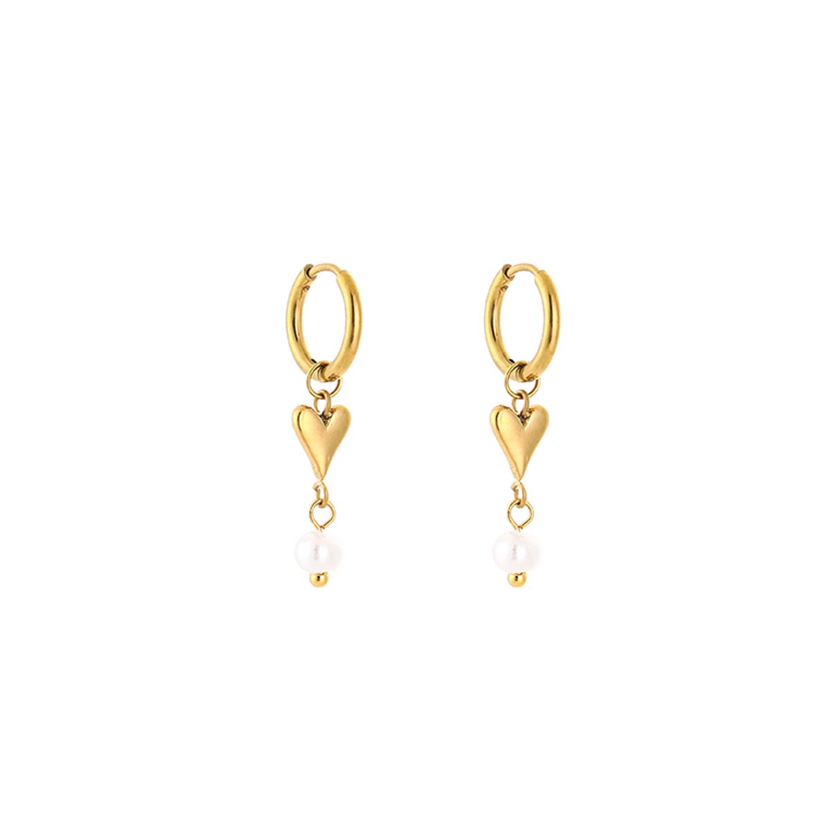 Stainless Steel Bedel Oorringen met Hartje & Parel – Elegante & Romantische Oorhangers - RVS - Goud