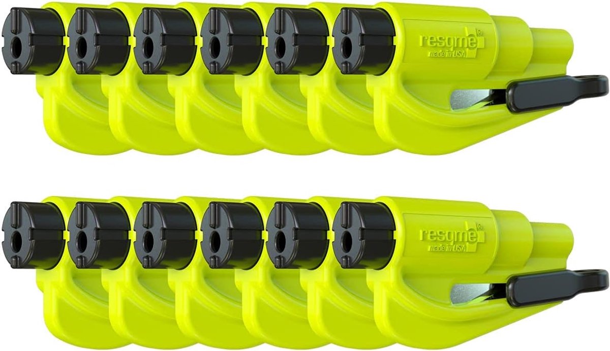 SnelShoppen - 12-pack Auto Veiligheid Sleutelhanger, Ruitbreker, Gordelsnijder, Noodhamer, Neon Geel, USA Kwaliteit, Ideaal voor Auto en Noodgevallen