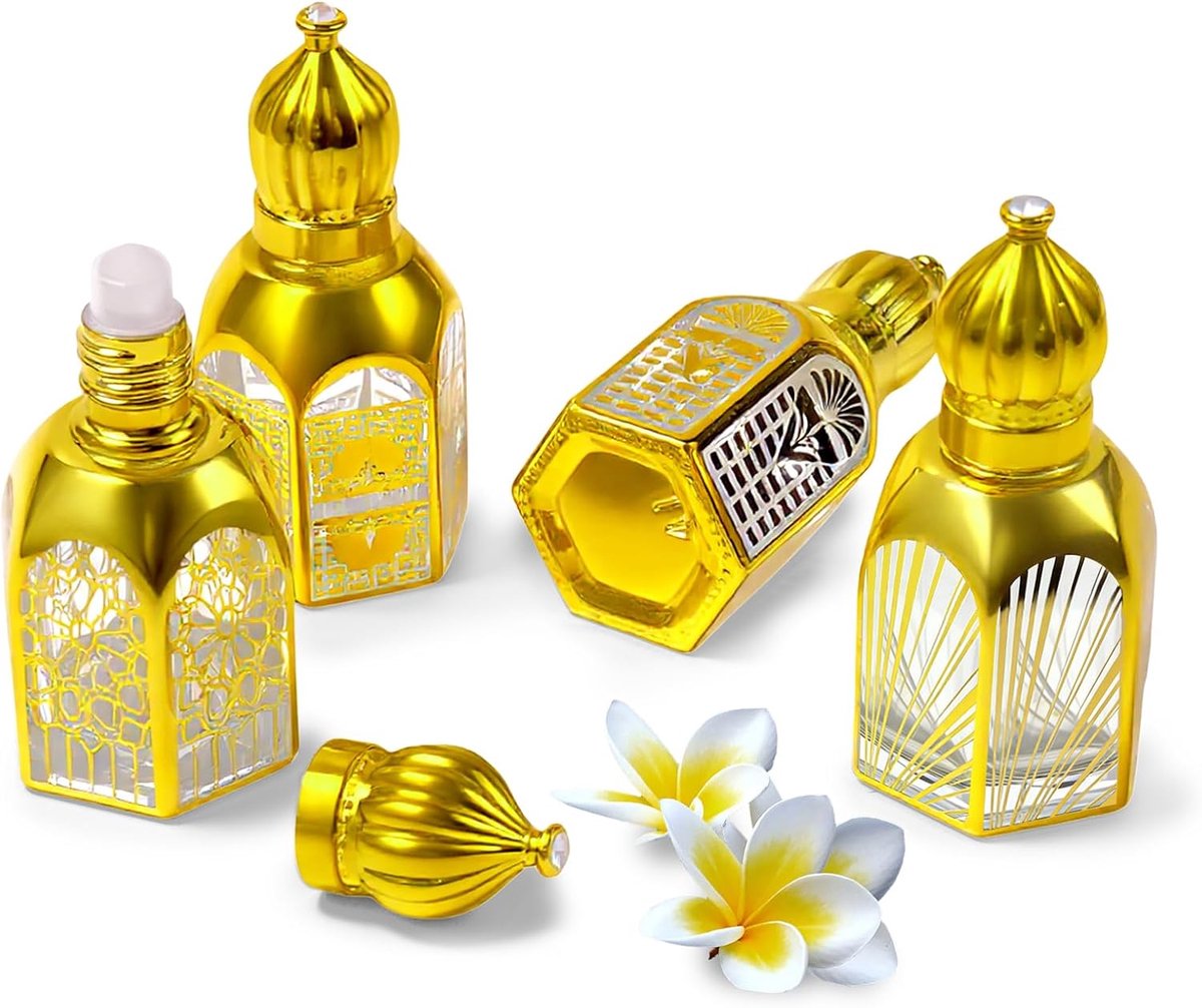 SnelShoppen - Set van 4 Stuks 18ml Duidelijke Glazen Roll-On Flessen met Vintage Gouden Arabische Ontwerpen, Lege en Navulbare Essentiële Olie Rollers