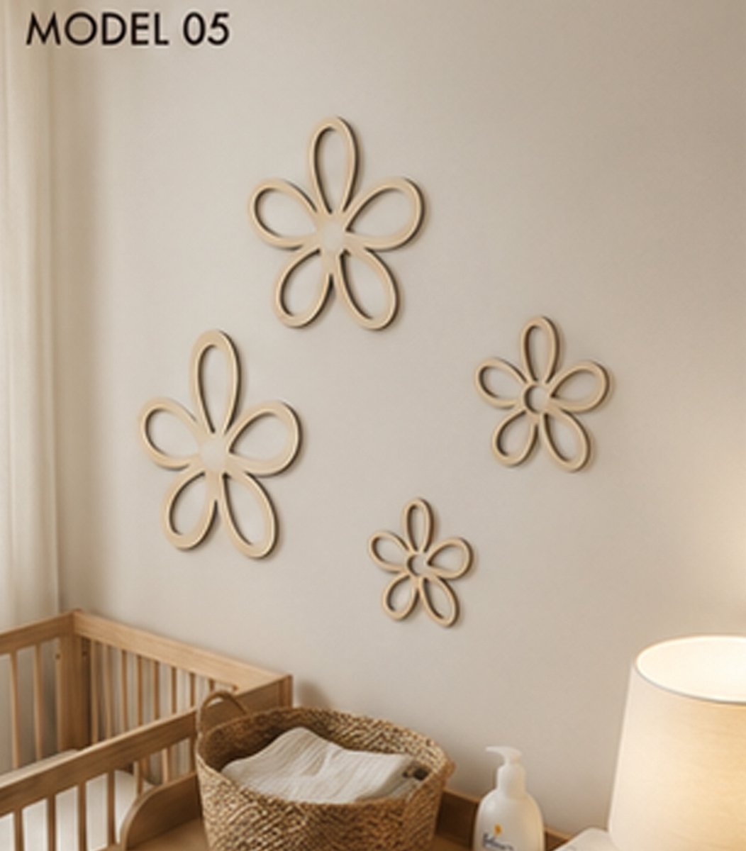 Houten Open Bloemen Wanddecoratie Babykamer – Set van 4 Bloemen – Scandinavische Kinderkamer Decoratie – Natuurlijk Berkenhout