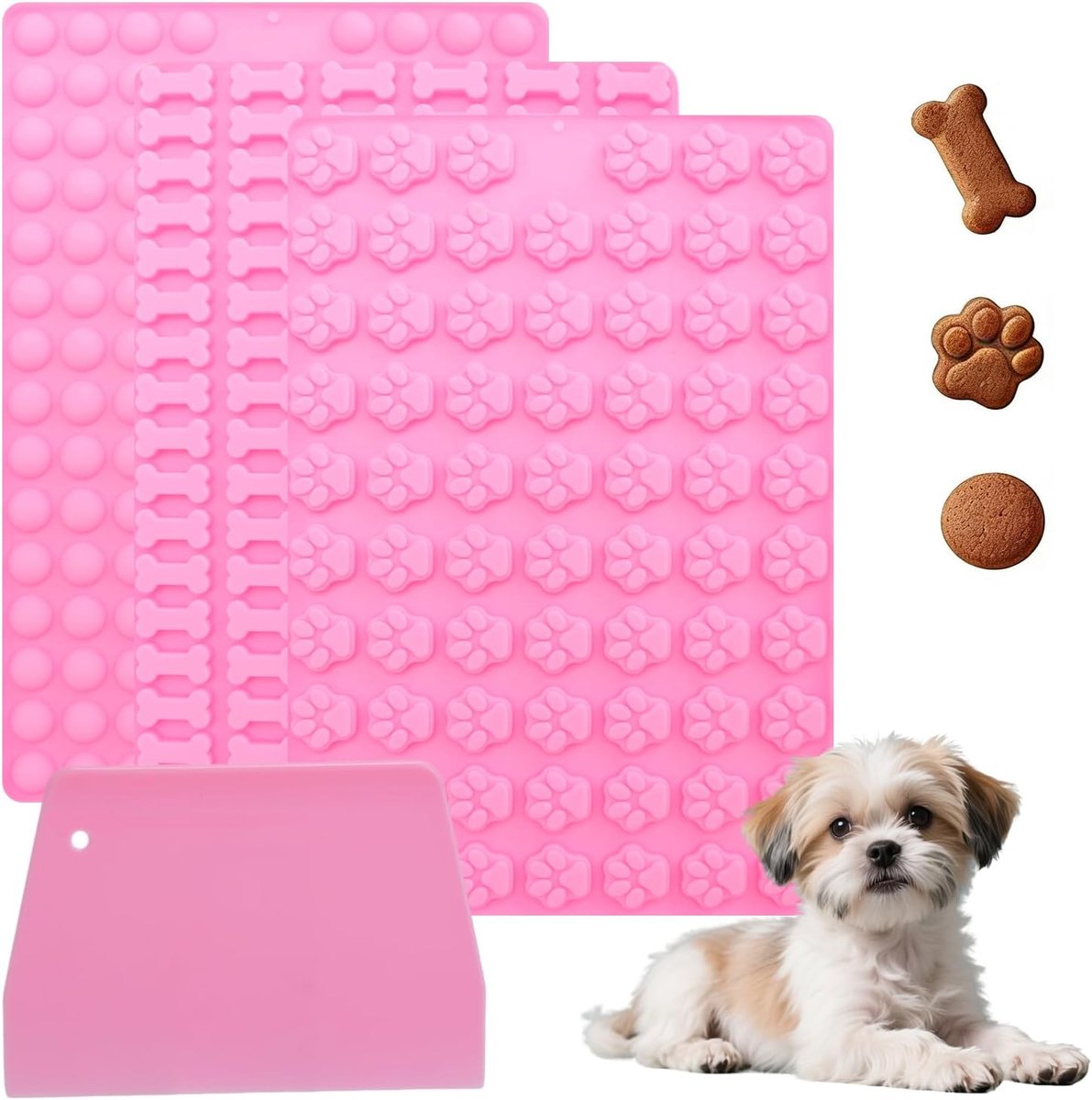SnelShoppen - 3 Pack Dog Treat Baking Mats - Silicone Bakmat voor Hondenkoekjes - Gemakkelijk Schoon te Maken - Inclusief Schraper - Perfect voor Huis