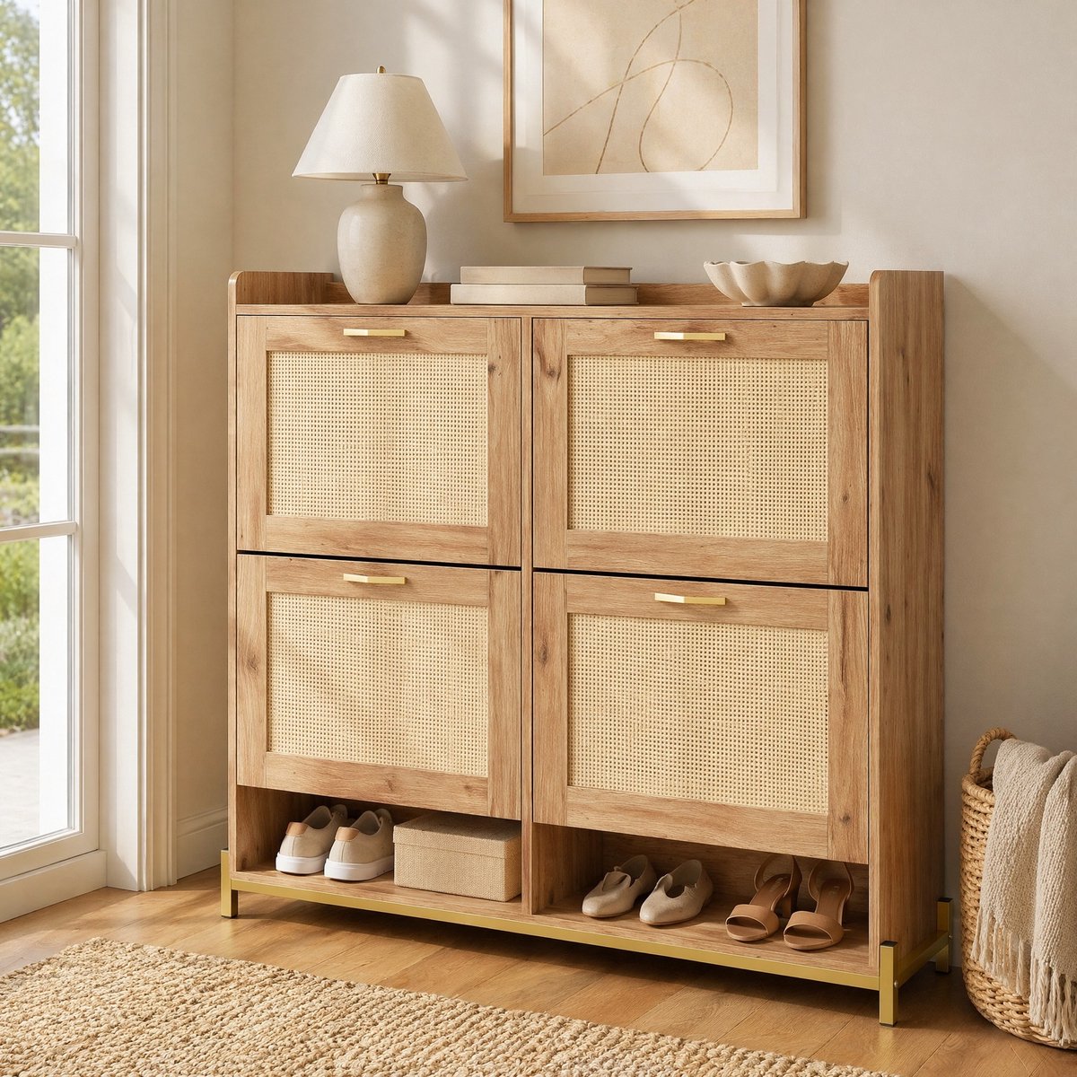 COVREO Schoenenkast 108,5 x 24 x 100 cm - houtkleur, 4 deuren, MDF met metalen frame