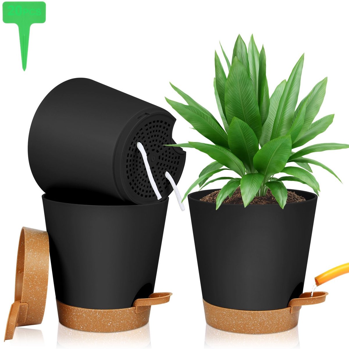 Kunststof Bloempot met Onderzetter - Zelfbewatering - 3 Stuks - 20 x 19 cm - Plantenpot - Plantenetiketten