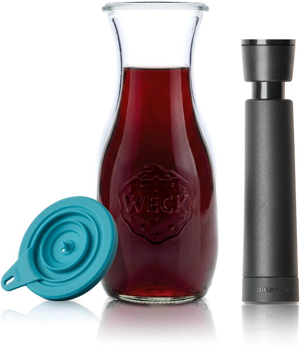 Airtender Wine Saver Carafe 500ml | Vacuümpomp/-deksel & Karaf | Vacuüm Wijnkaraf van glas (0,5L) | Vacuümdeksel + GRATIS wijnpomp | Perfect om wijn tot 5x langer te bewaren | Vacuüm bewaren in de wijnkaraf | Past in koel & klimaatkast