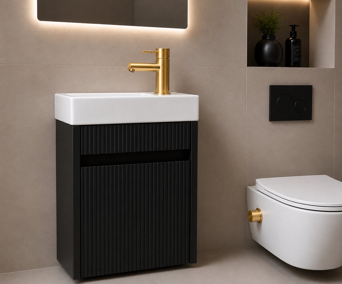 Zimmer Toiletmeubel Set 40 cm Mat Zwart – Fonteinkast met Keramische Wastafel, Mat Gouden Kraan & Pop-up Waste