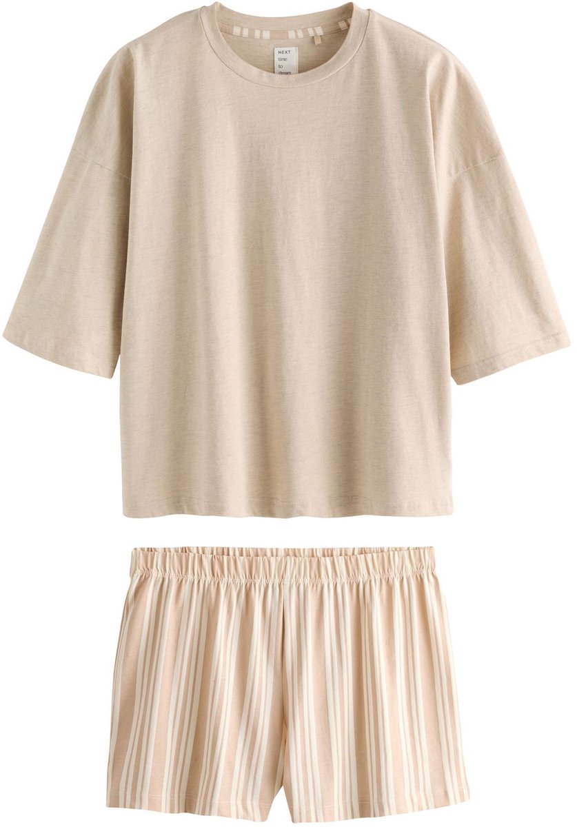 Next Dames - Katoenen pyjama met short - Bruin Neutral Stripe