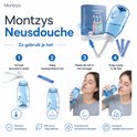 Montzys neusdouche stappen: vul fles, voeg zout, plaats tuit, knijp in fles. BPA-vrij.