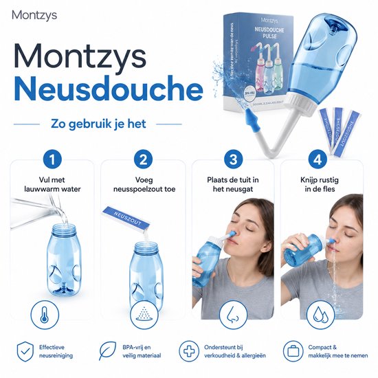 Montzys neusdouche stappen: vul fles, voeg zout, plaats tuit, knijp in fles. BPA-vrij.