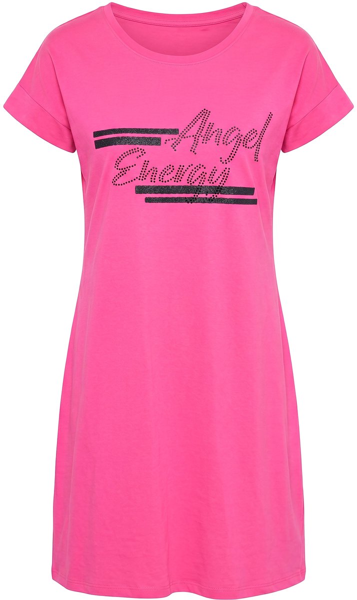 Angel of Style - Dames - Shirtjurk A-lijn jersey glitteropschrift - Hibiscusrood - Maat 42