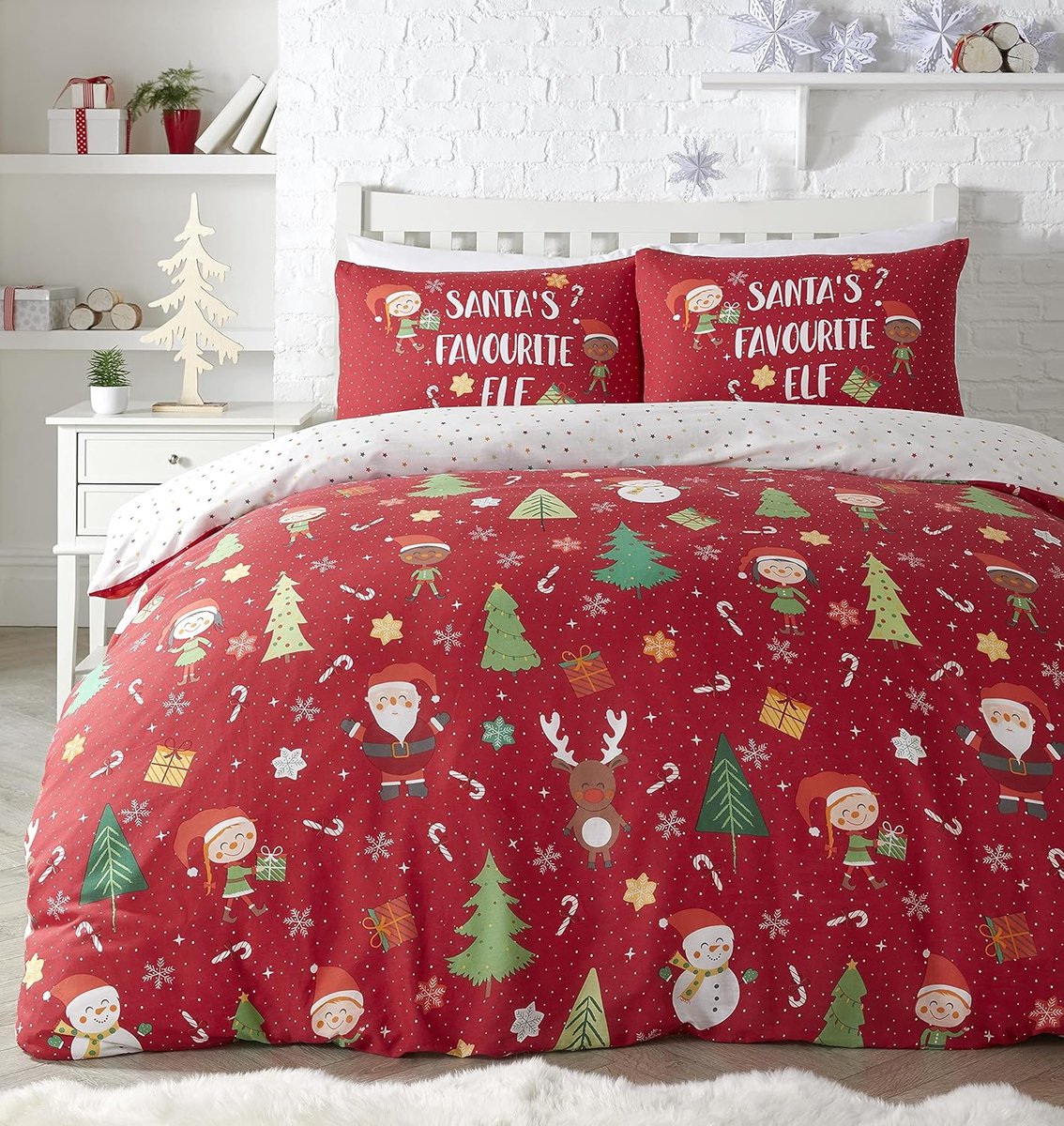 Famanu Dekbedovertrekset met Kerstman en elfjes, polykatoen, veelkleurig, tweepersoons Neutraal