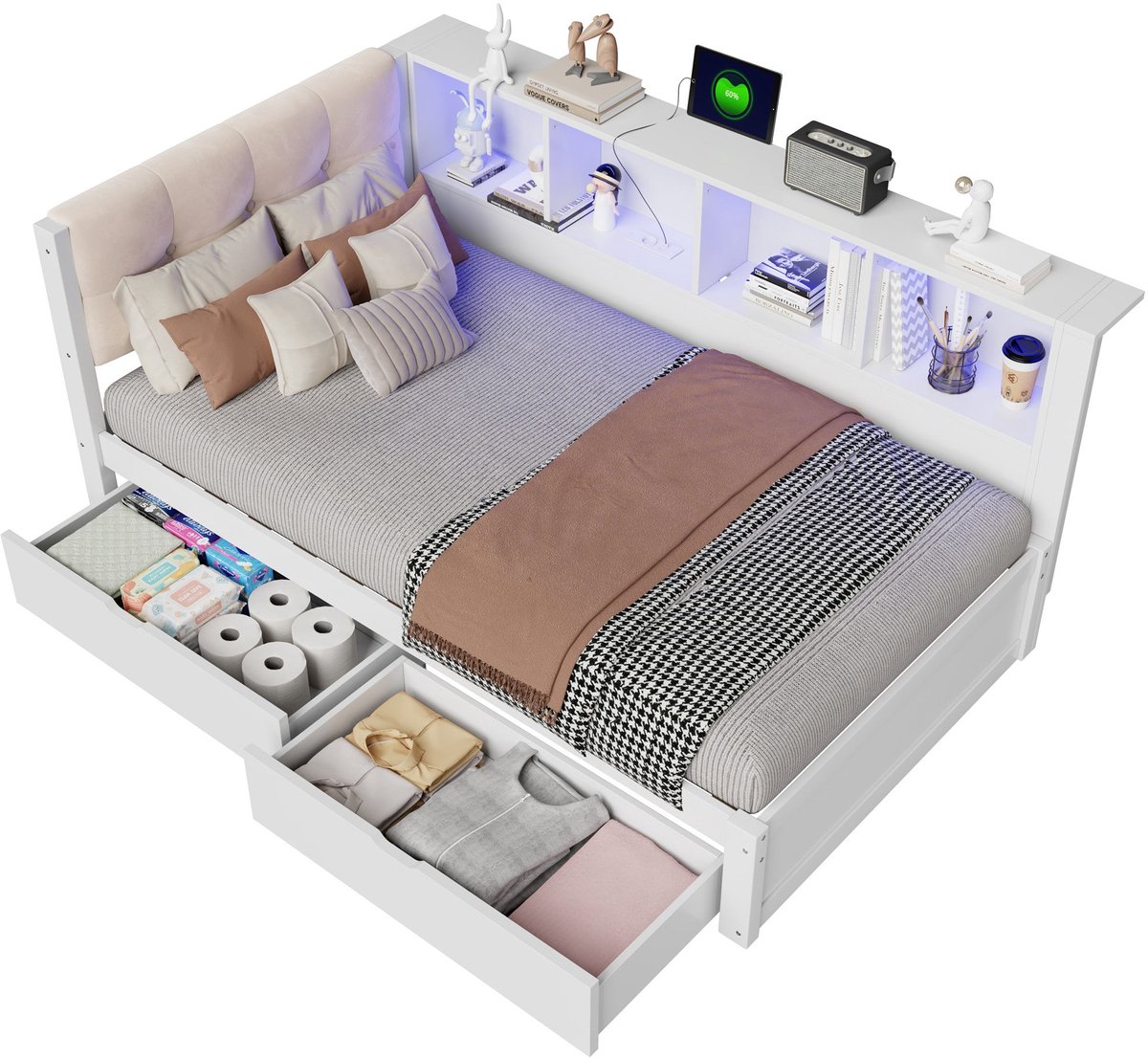Merax Slaapbank 90x200 cm - Wit - Met Schubladen - Opbergrek - USB Aansluiting - LED Verlichting - Zonder Matras