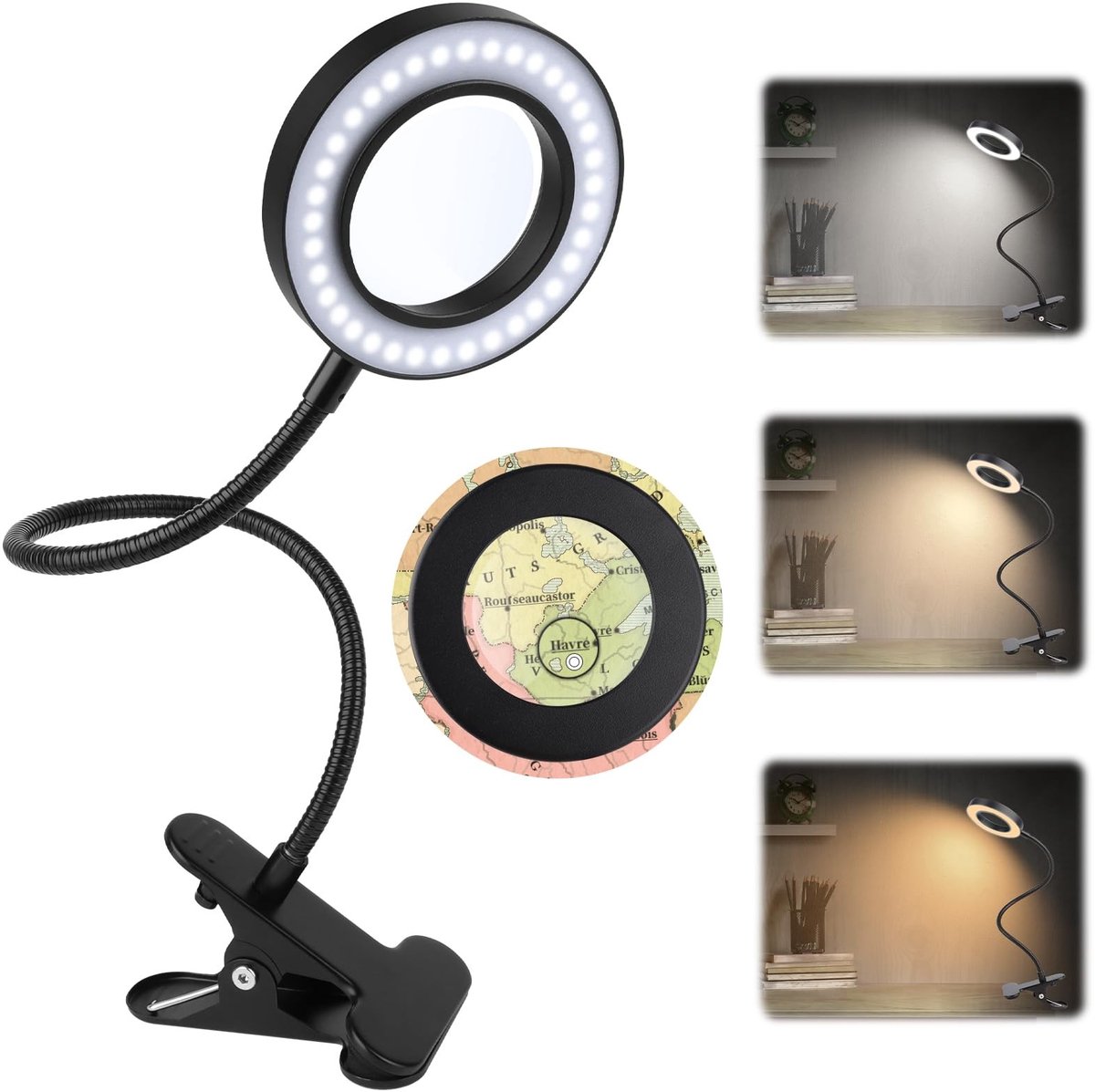 Dailygoods- Vergrootglas met Licht - 5x Vergrootglas - Klemlamp - Zwanenhals - 360° Verstelbaar - Ideaal voor Lezen en Werken - Leeslamp