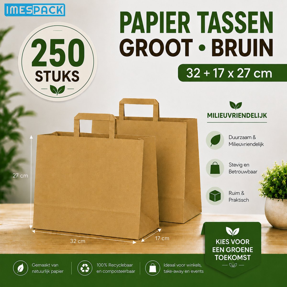 Papieren Draagtas Bruin - 32+17x27 cm - Groot - 250 Stuks - Kraft - IMES PACK