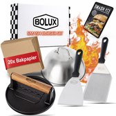 Bolux® Smash Burger Set - 5 delig - met gratis E-book - Hamburgerpers - Press - Gietijzer - BBQ Accesoires - RVS Spatel - Melting dome - Kamado - Vaderdag - Cadeau - Vlees Gewicht