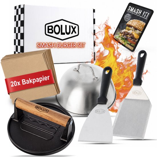 Ensemble Bolux Smash Burger : presse à burger en fonte, dôme de fonte en inox, grande et petite spatule, 20 feuilles de papier cuisson, et livre électronique "SMASH IT!".