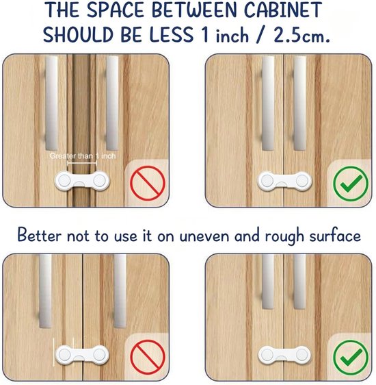 Witte kastsloten op houten kastdeuren. De ruimte tussen deuren moet minder dan 2,5 cm zijn. Niet gebruiken op oneffen oppervlakken.