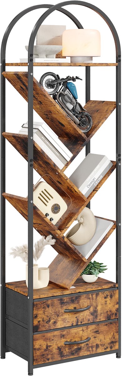 Boomvorm Boekenkast - 6 Planken Met 2 Stoffen Lades - Smalle Verticale Opbergkast Voor Slaapkamer Woonkamer - Zwart Ijzeren Frame + Vintage Houten plank + Vintage Stoffen Lade
